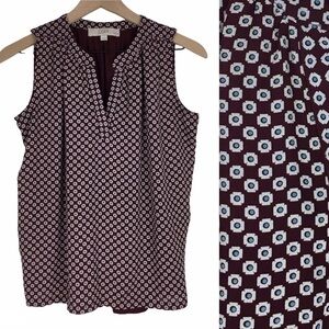 LOFT Top Blouse Sleeveless Floral Sheer V Split Neck Dot Floral Geo Petite Small
